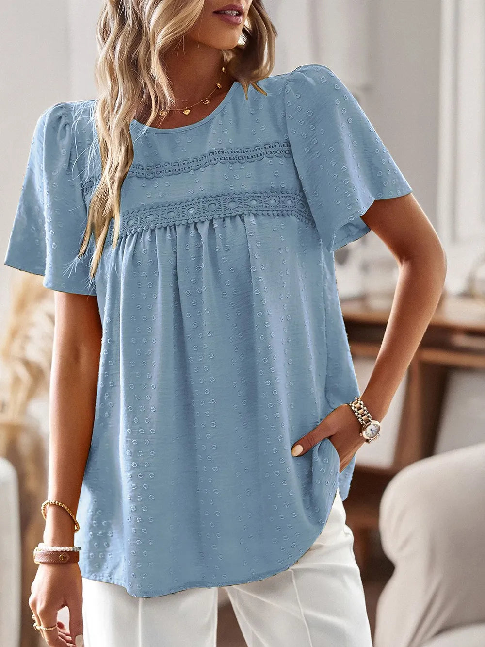 Lace Detail Round Neck Short Sleeve Blouse