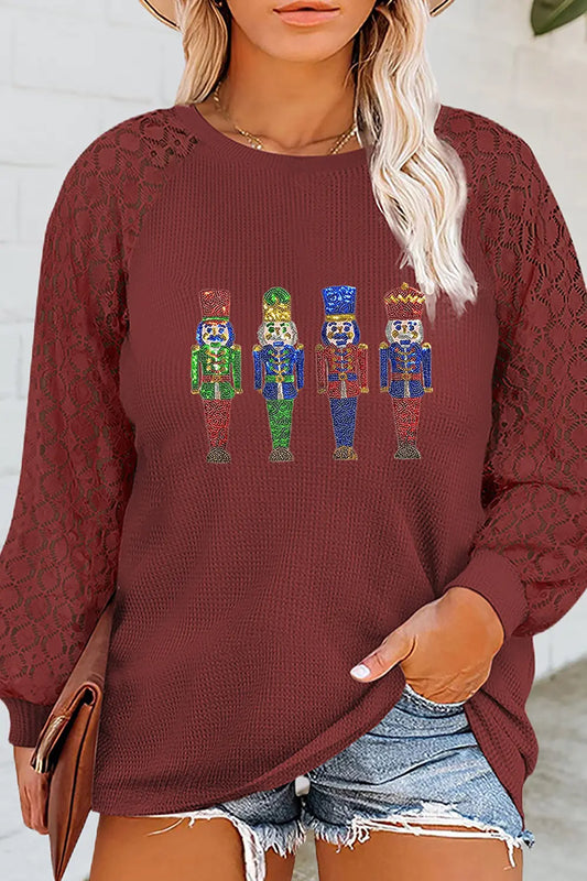 Plus Size Waffle-Knit Sequin Nutcracker Lace Detail Sweatshirt