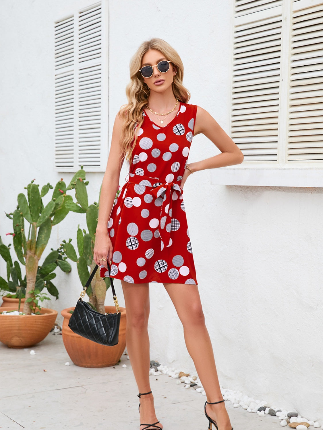 Tied Polka Dot V-Neck Dress