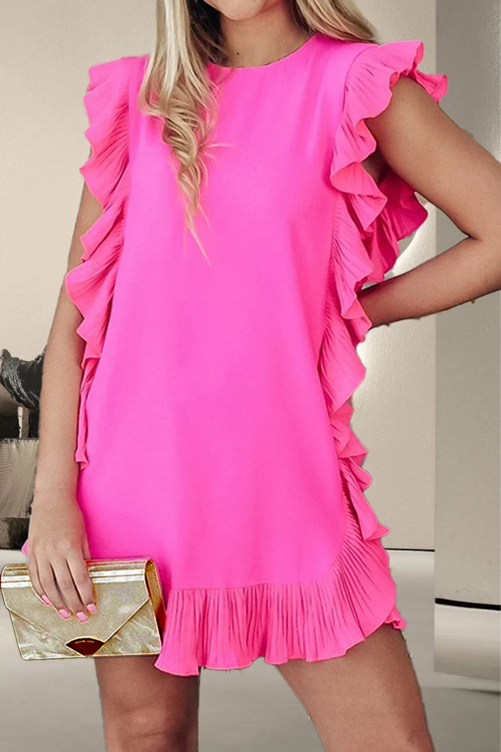 Ruffled Round Neck Cap Sleeve Mini Dress