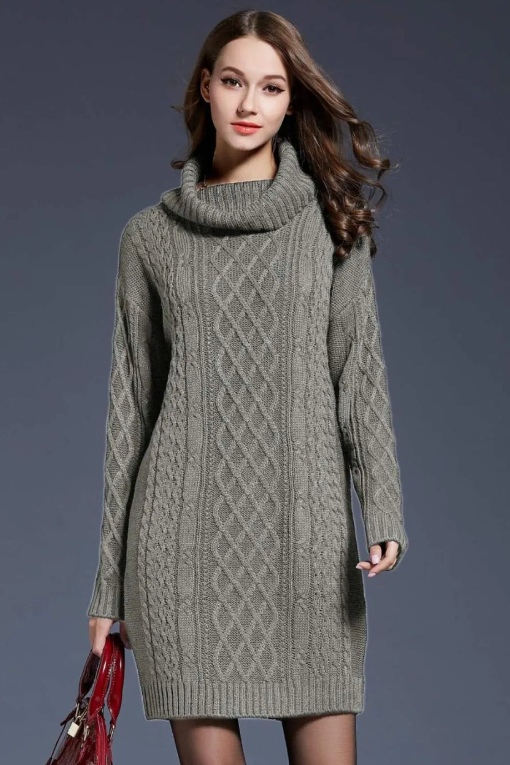 Woven Right Full Size Mixed Knit Cowl Neck Dropped Shoulder Sweater Dress