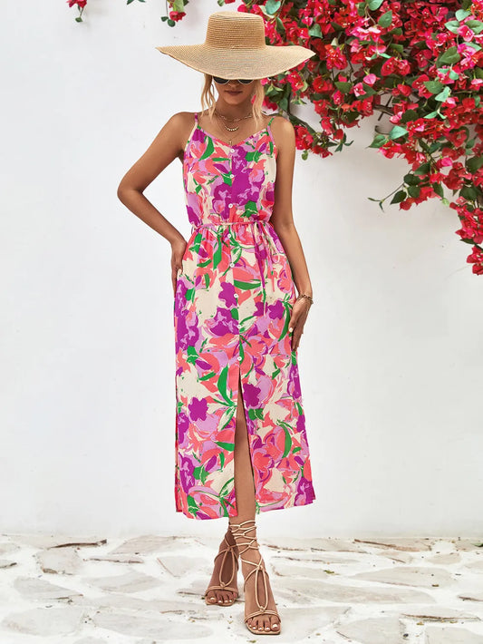 Printed Spaghetti Strap Front Slit Dress