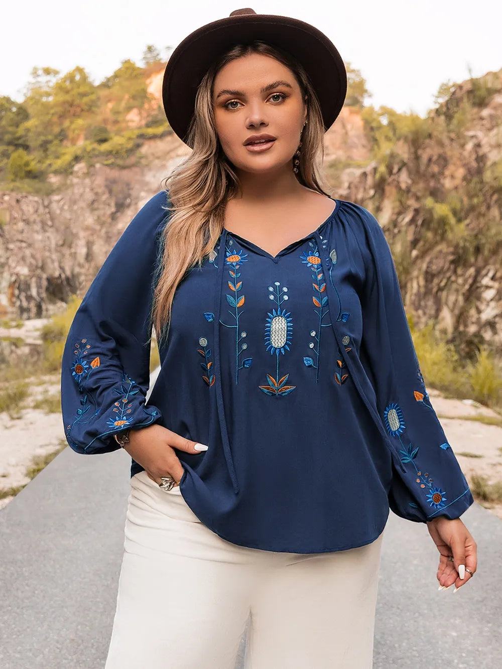 Plus Size Tie Neck Balloon Sleeve Top