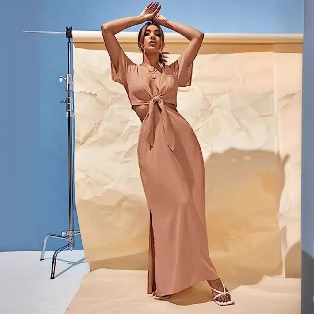 Plunging Neck Knot Front Cut Out Waist Split Thigh Dress