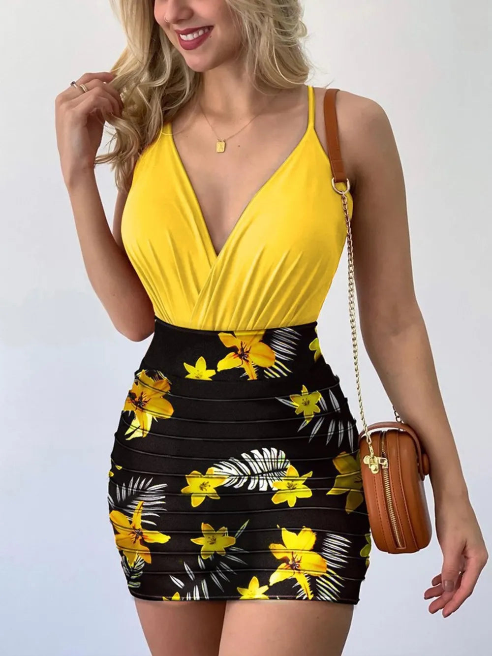 Surplice Spaghetti Strap Top and Printed Mini Skirt Set