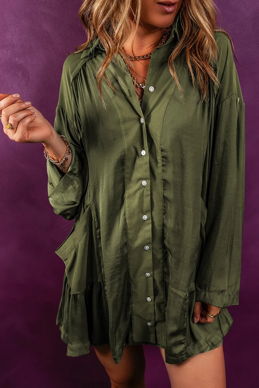 Button Up Collared Neck Long Sleeve Shirt Dress