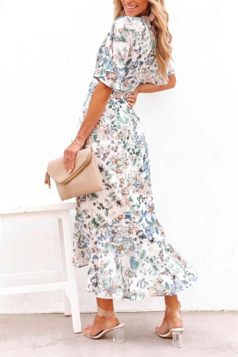 High-Low Printed Surplice Flutter Sleeve Midi Dress