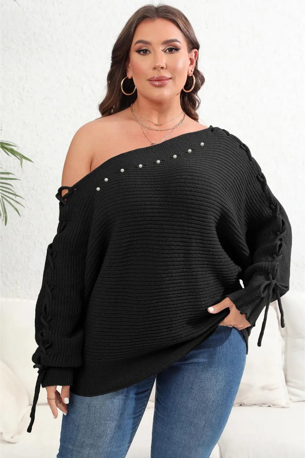 Plus Size One Shoulder Beaded Sweater