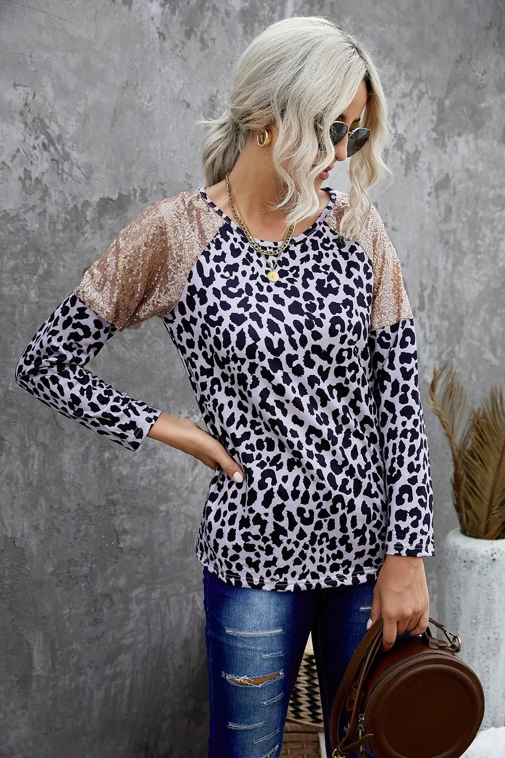 Sequin Round Neck Long Sleeve T-Shirt