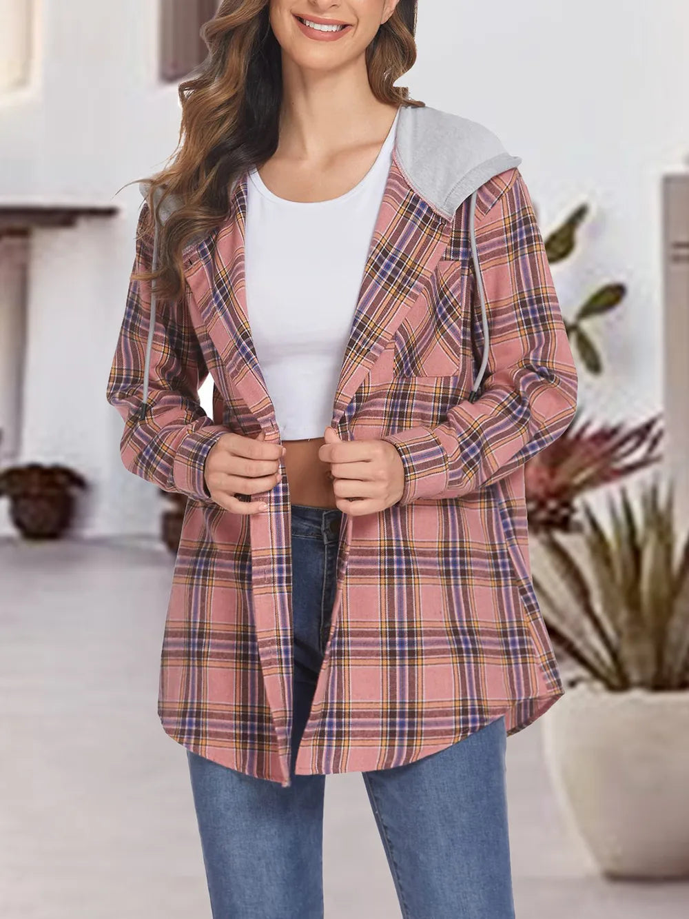 Plaid Drawstring Button Up Hooded Jacket