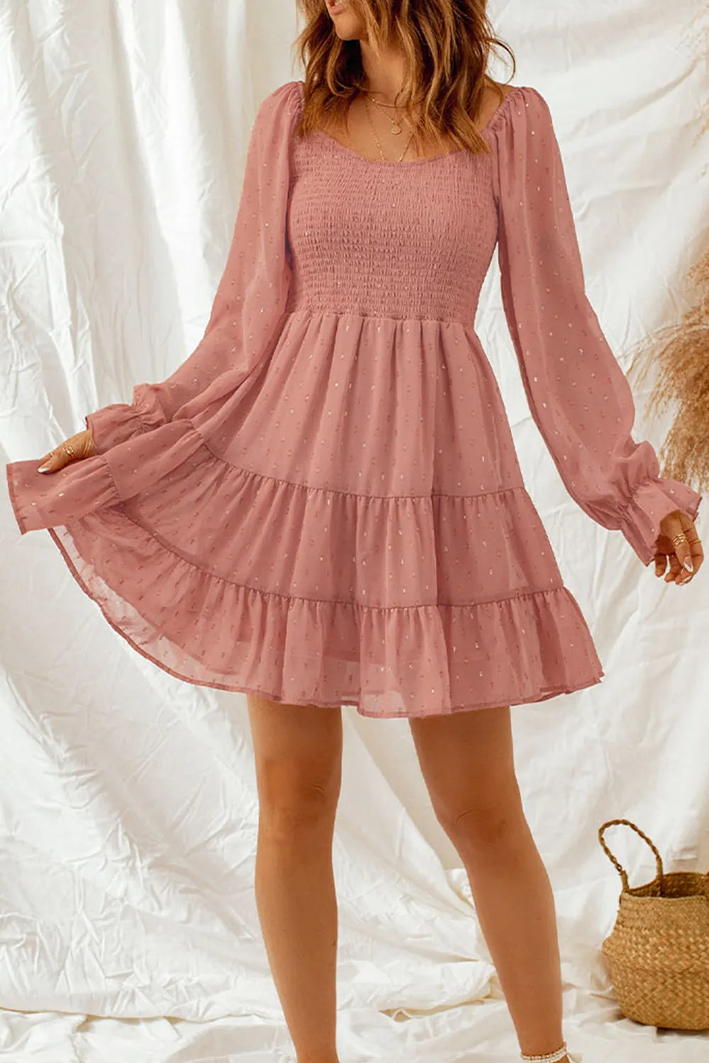 Smocked Long Flounce Sleeve Tiered Dress