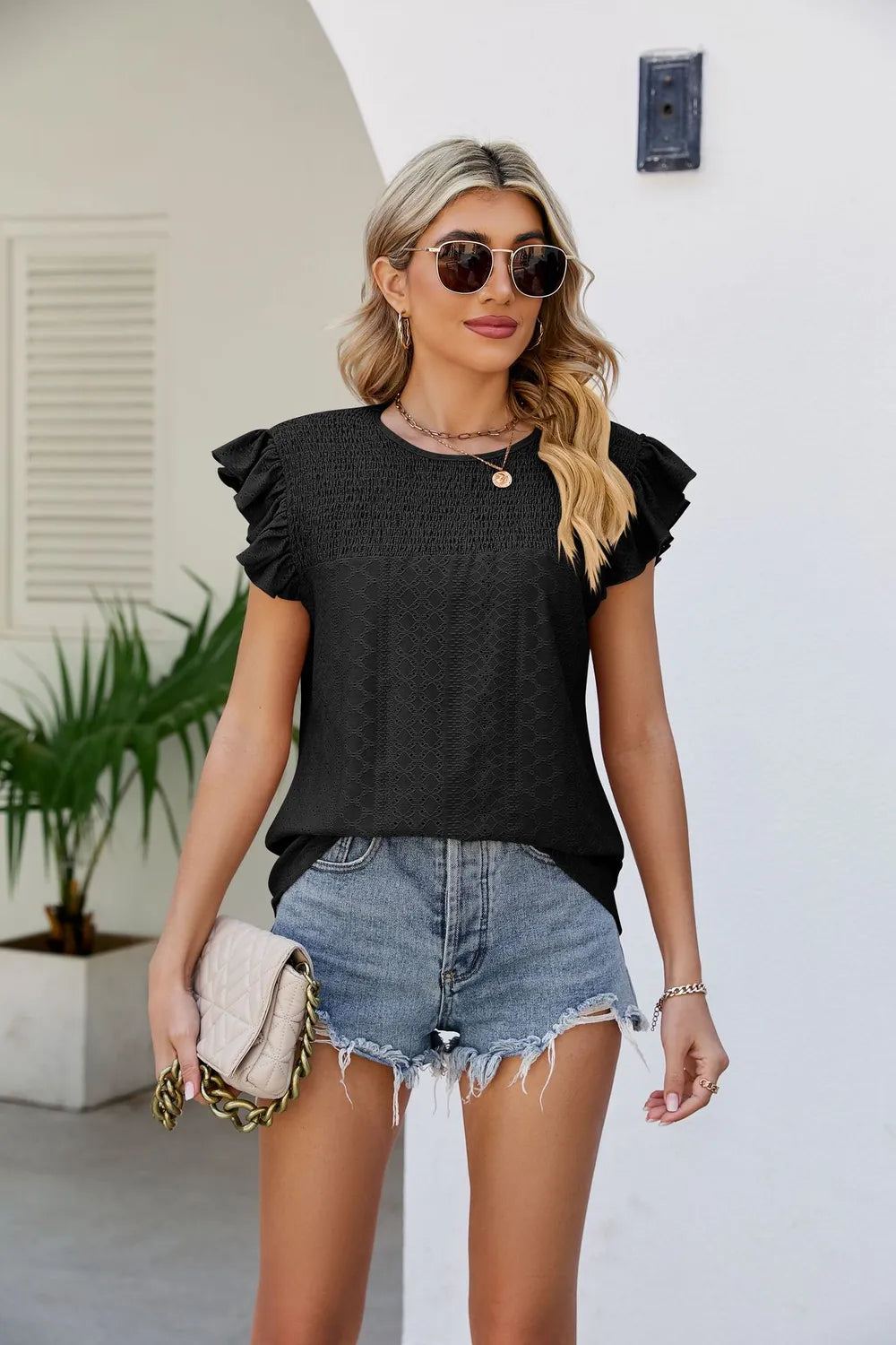 Smocked Round Neck Flutter Sleeve Top