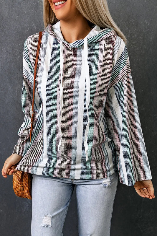 Striped Drawstring Detail Drop Shoulder Hoodie