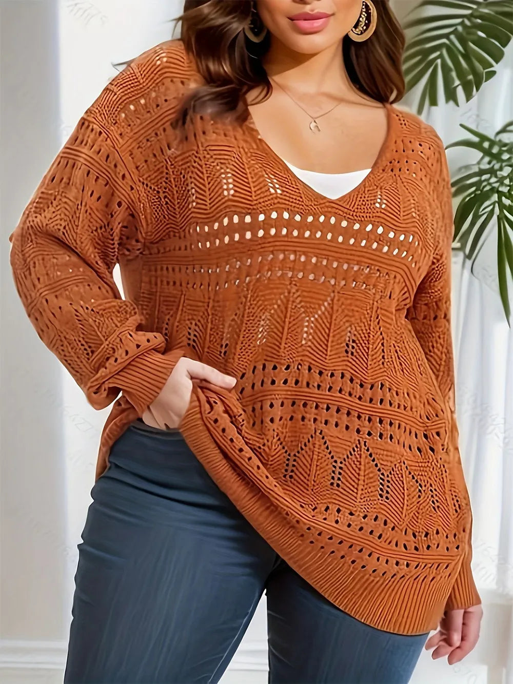 Plus Size Openwork Plunge Long Sleeve Sweater