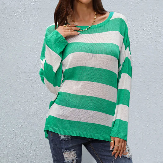 Striped Boat Neck Round Neck Sweater