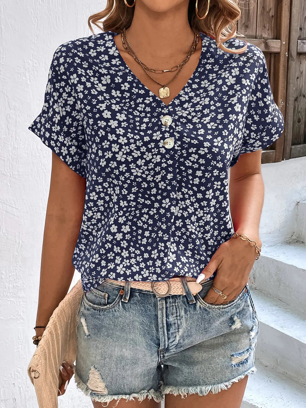 Printed V-Neck Short Sleeve Blouse