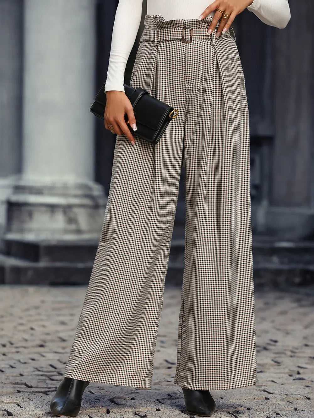 Plaid Wide Leg Pants with Belt