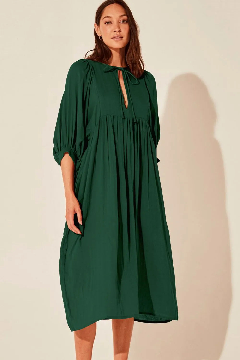 Tie Neck Lantern Sleeve Midi Dress