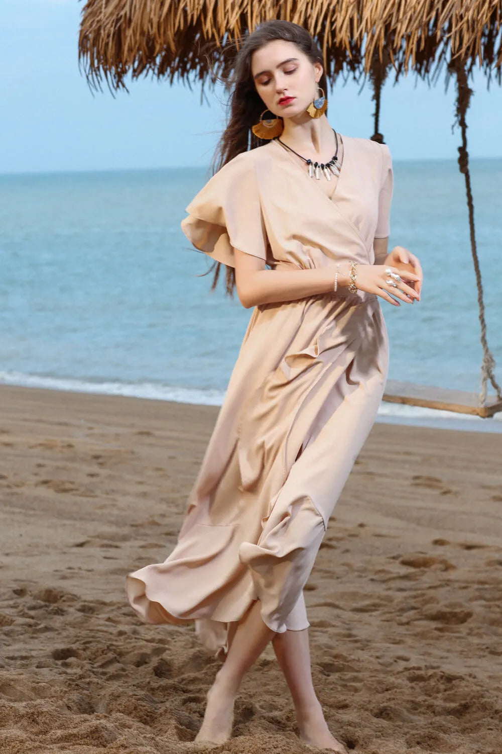 Ruffled Flutter Sleeve Tied Surplice Dress