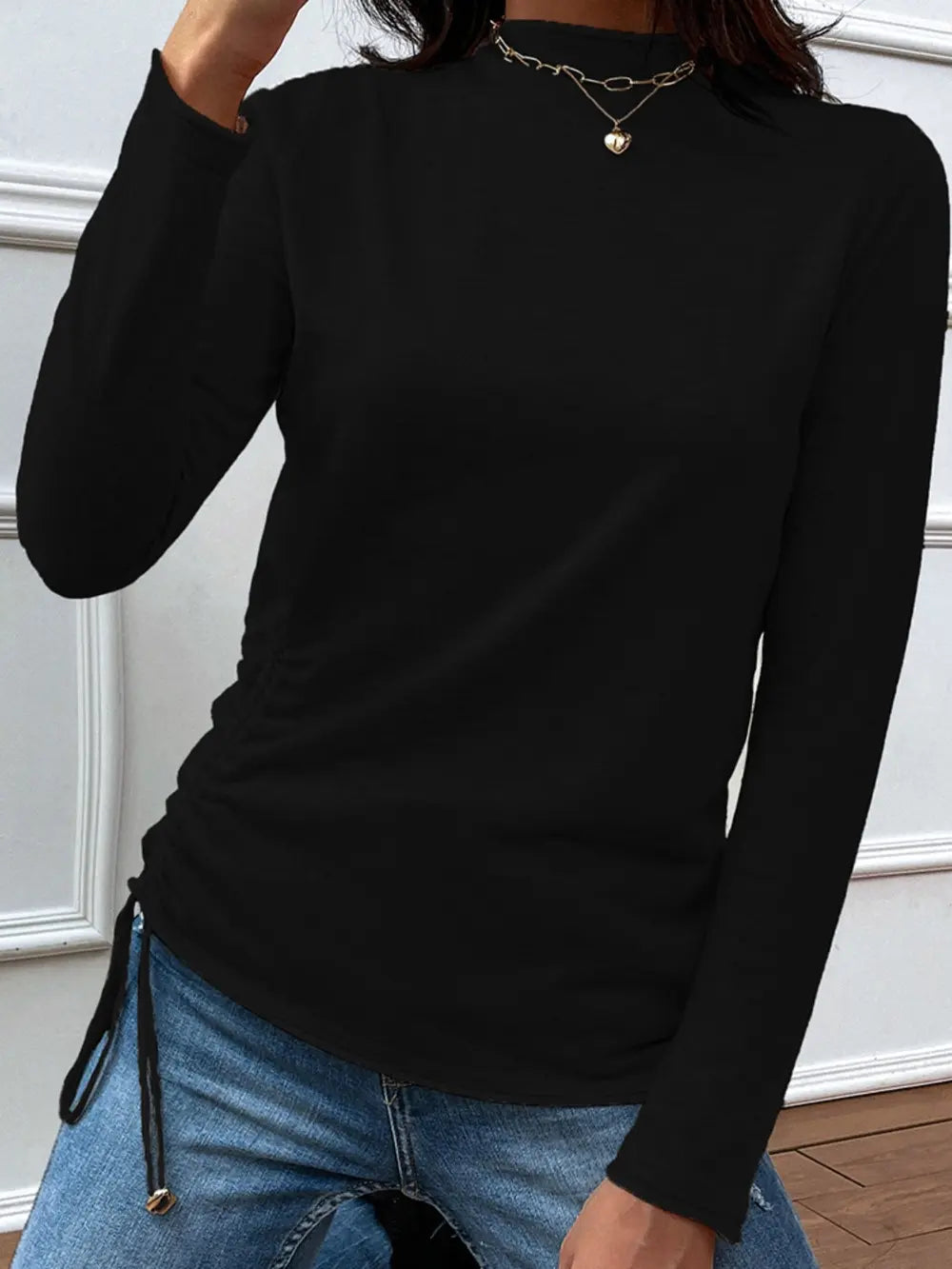 Drawstring Mock Neck Long Sleeve T-Shirt