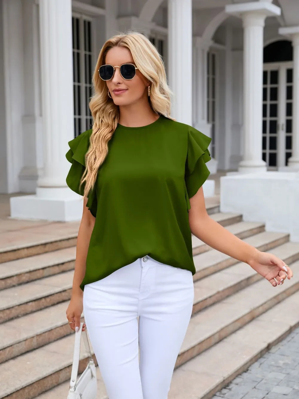 Ruffled Round Neck Cap Sleeve Blouse