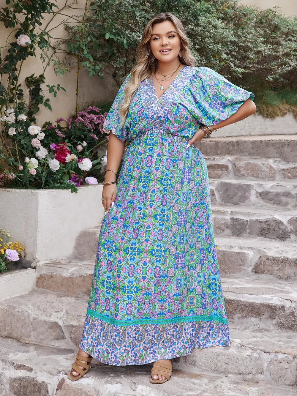 Plus Size Printed V-Neck Balloon Sleeve Dress