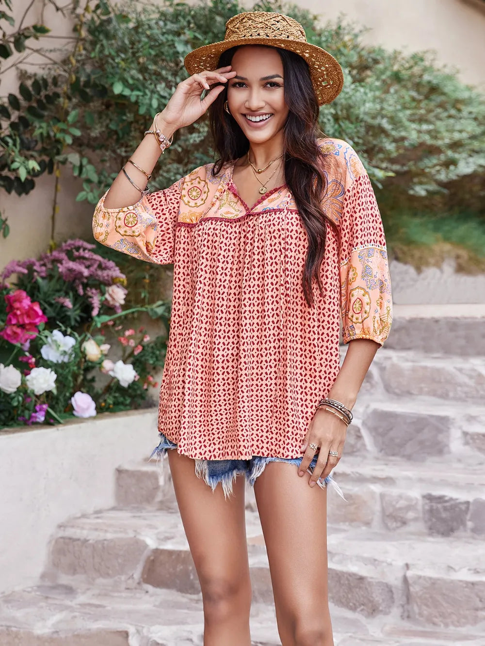 Printed Tie Neck Balloon Sleeve Blouse