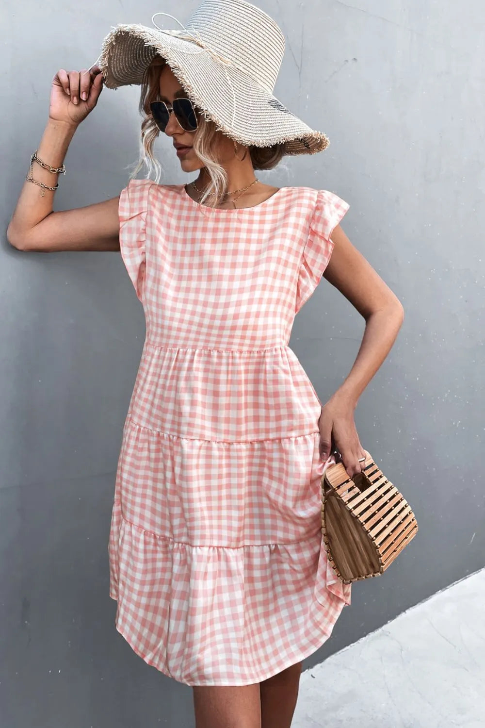 Gingham Ruffle Shoulder Tiered Dress