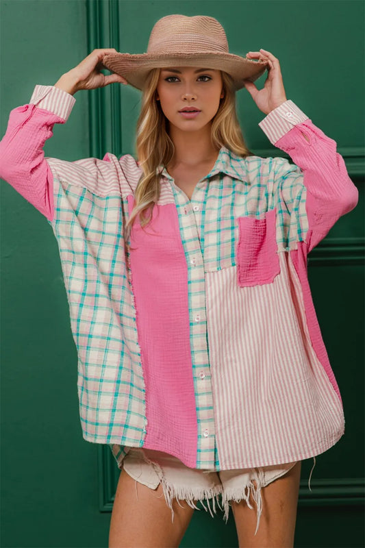 Double Take Full Size Color Block Button Up Shirt