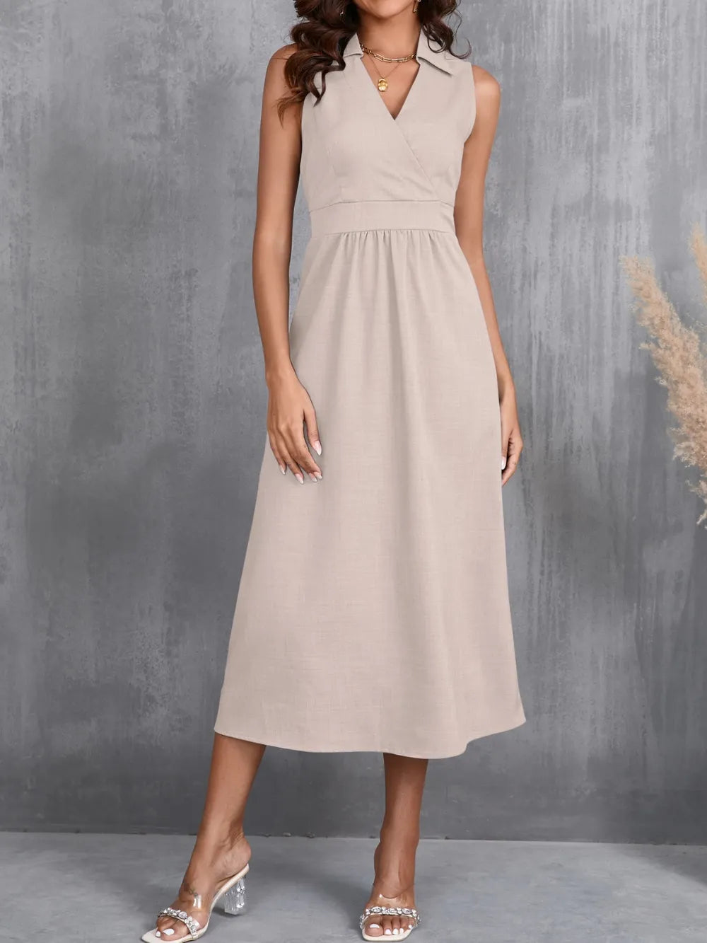 Ruched Sleeveless Midi Dress