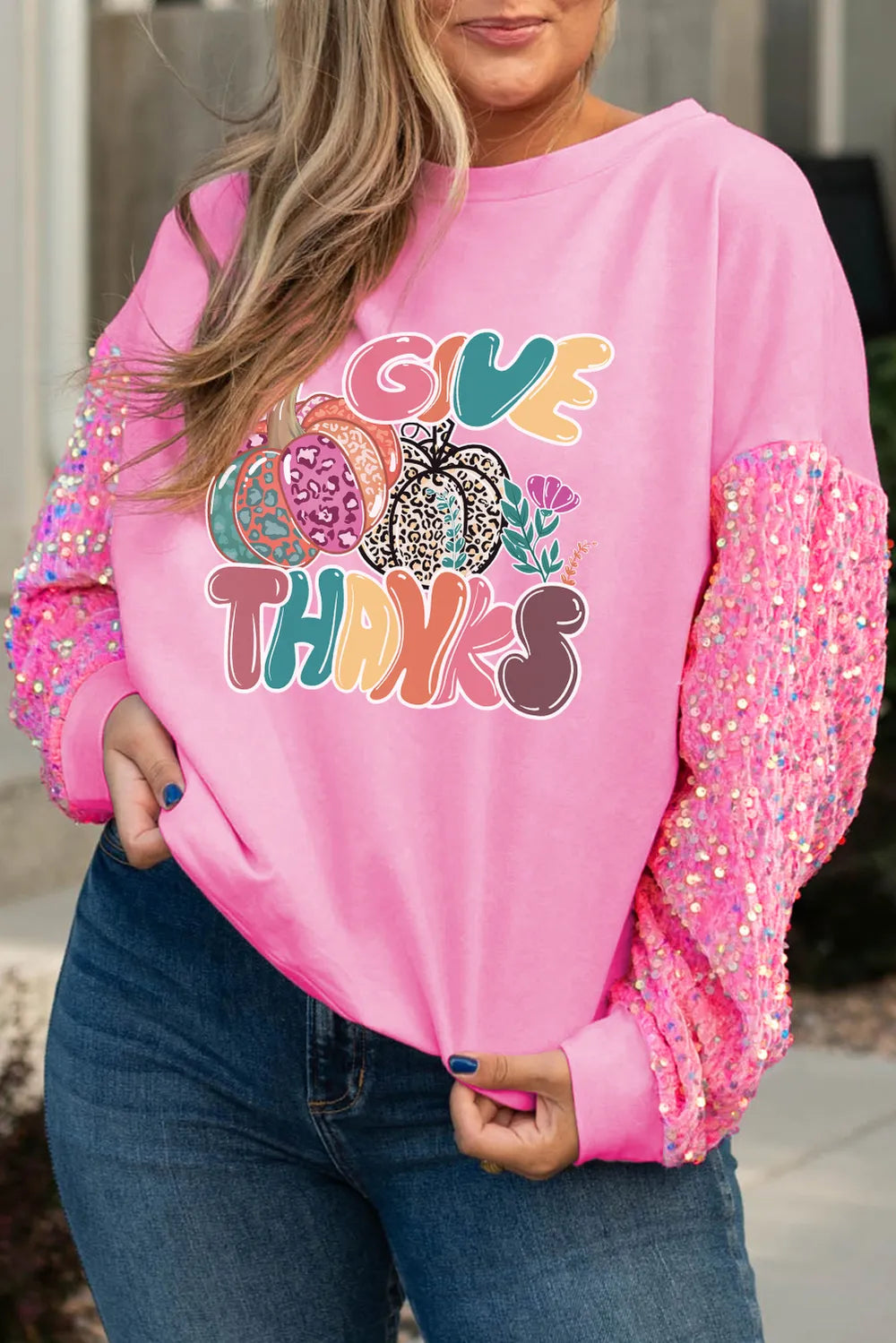 Plus Size GIVE THANKS Sequin Round Neck Long Sleeve Sweatshirt