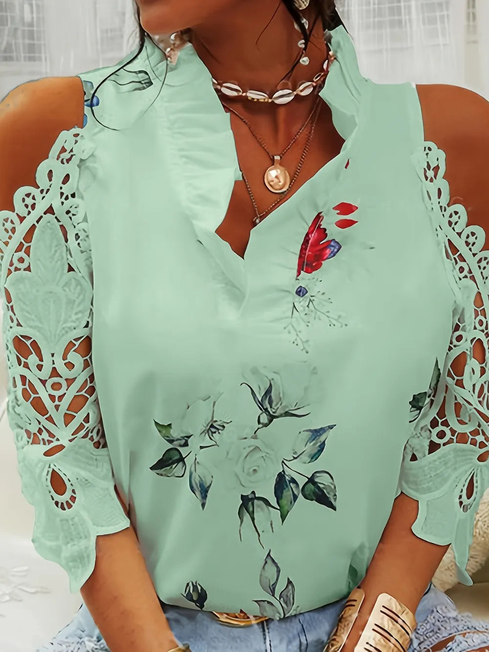 Full Size Lace Printed Half Sleeve Blouse