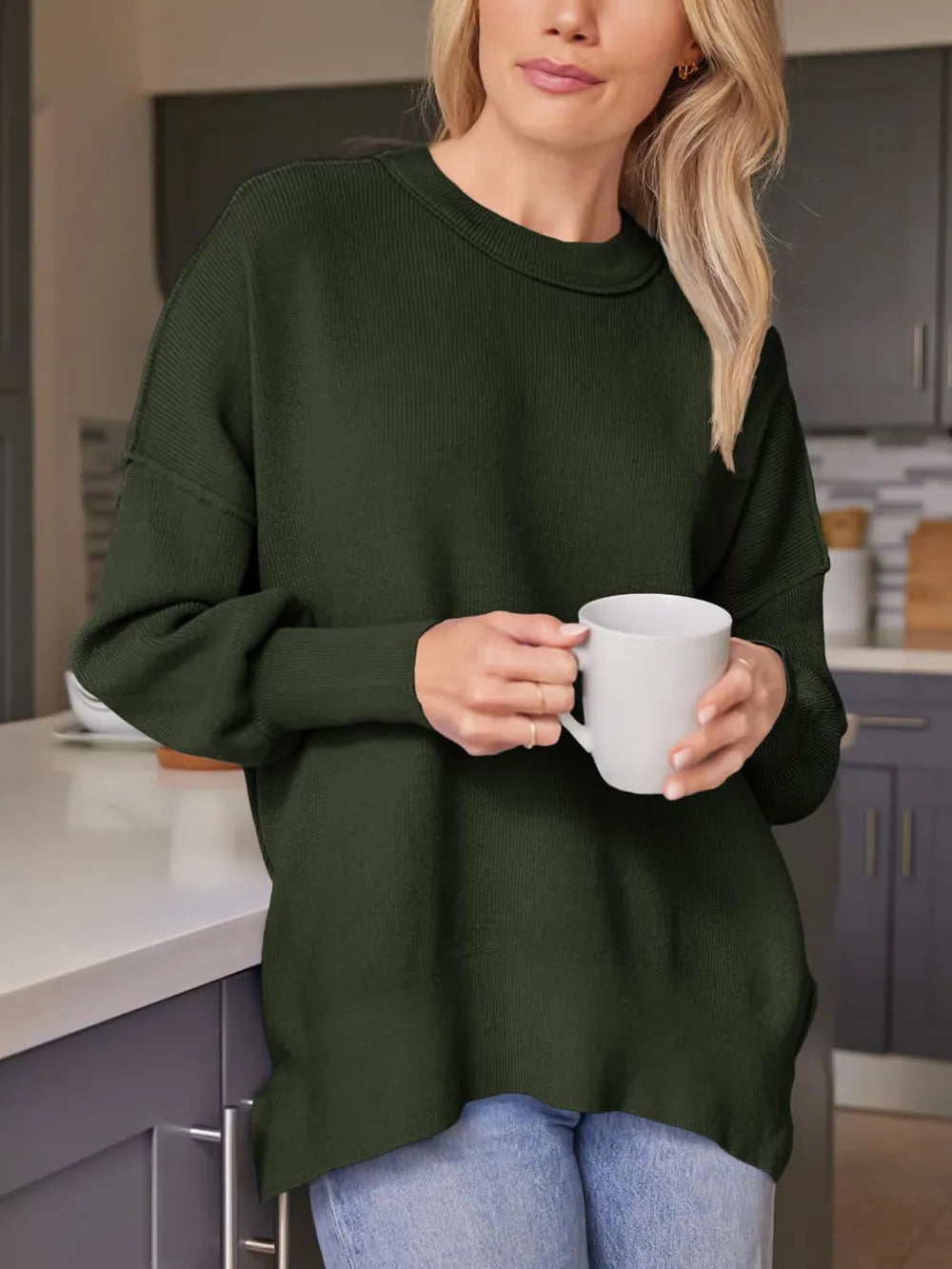 Slit Round Neck Dropped Shoulder Sweater