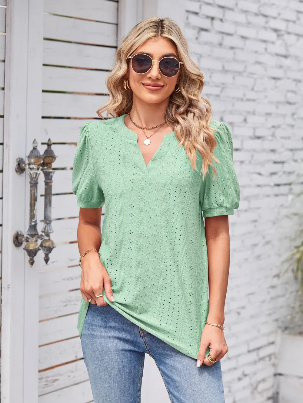 Eyelet Notched Short Sleeve Blouse