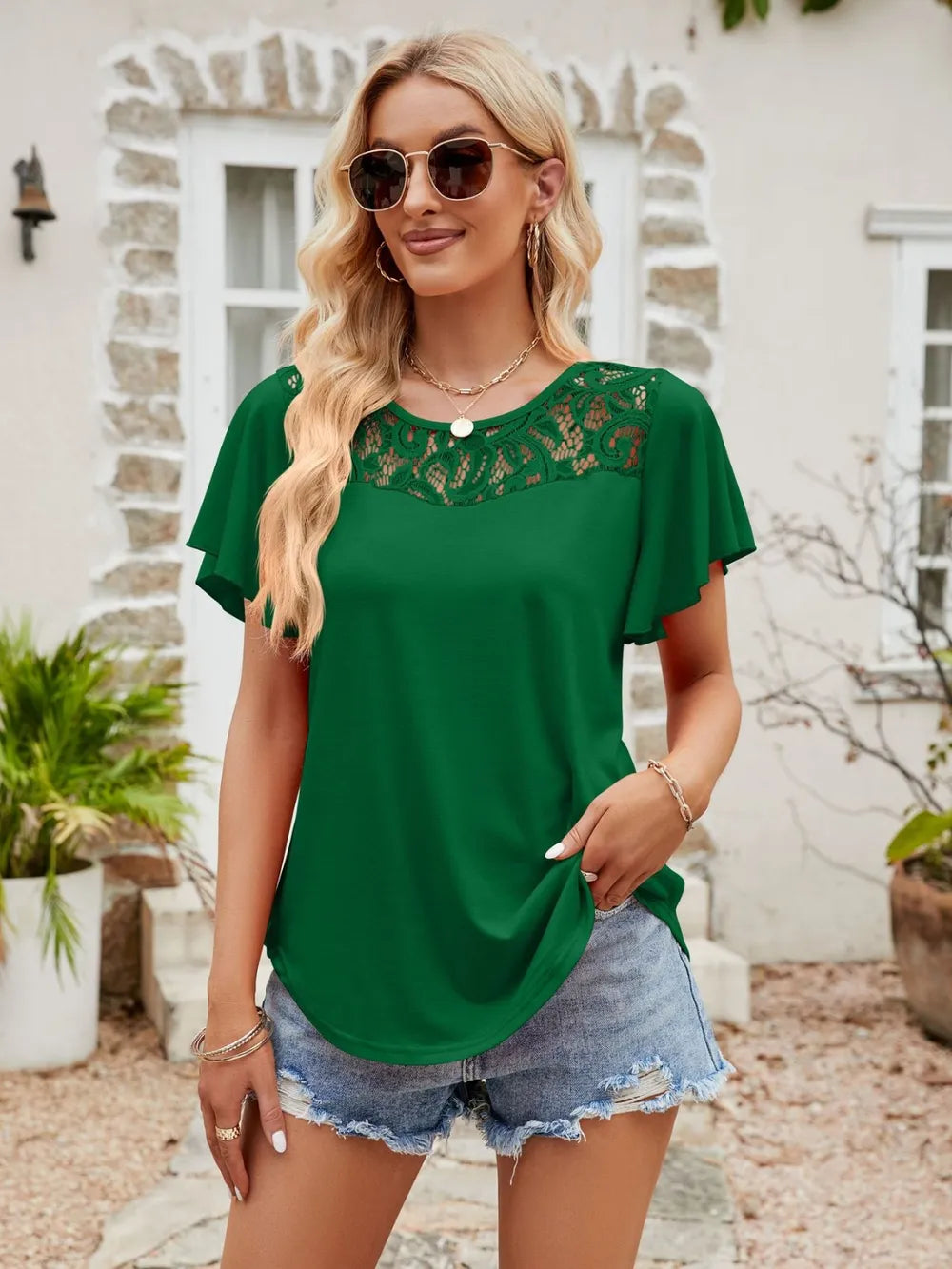 Lace Detail Round Neck Short Sleeve T-Shirt