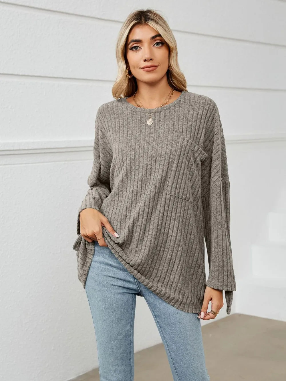 Round Neck Ribbed Long Sleeve T-Shirt