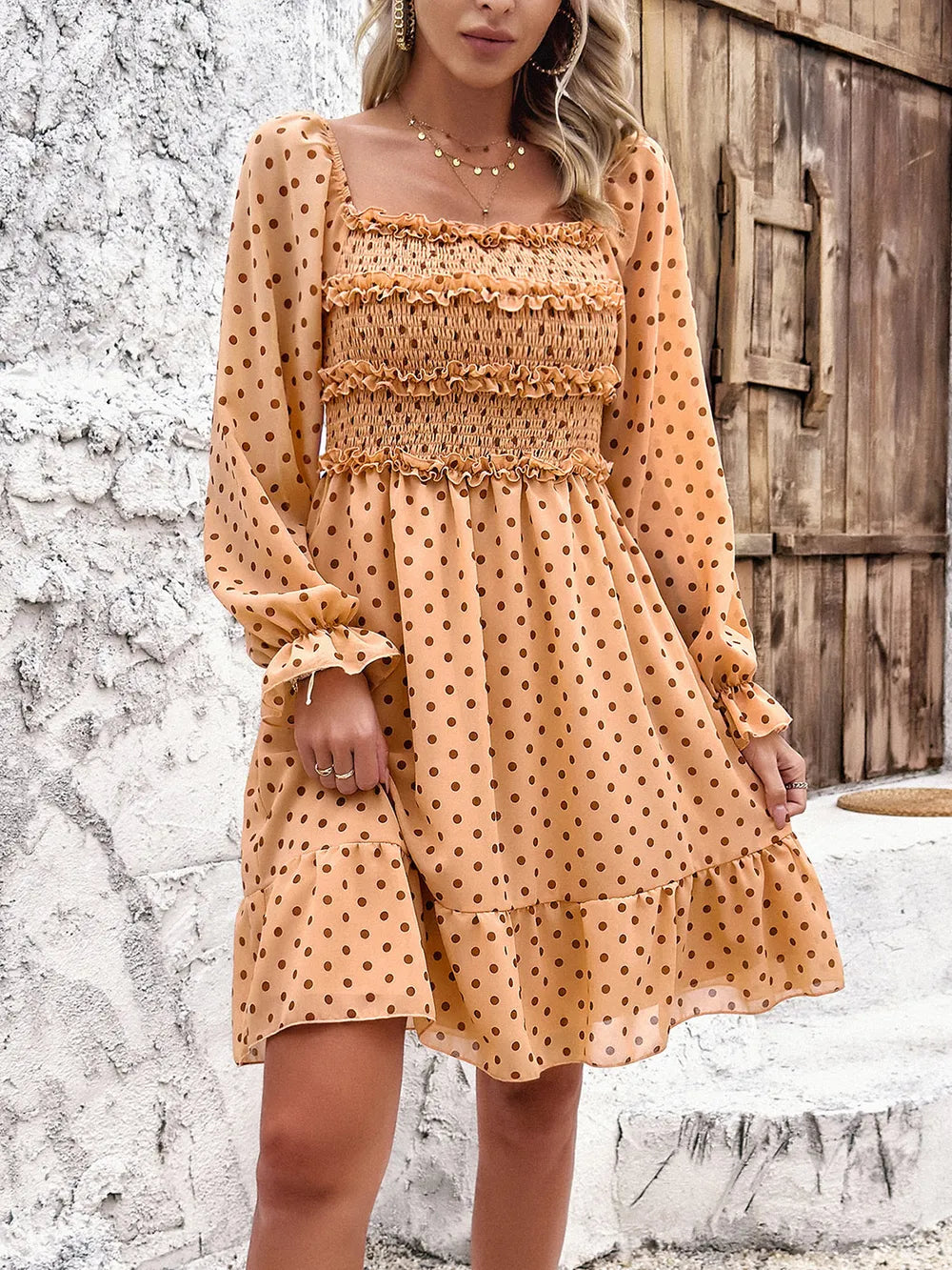 Smocked Polka Dot Long Sleeve Dress