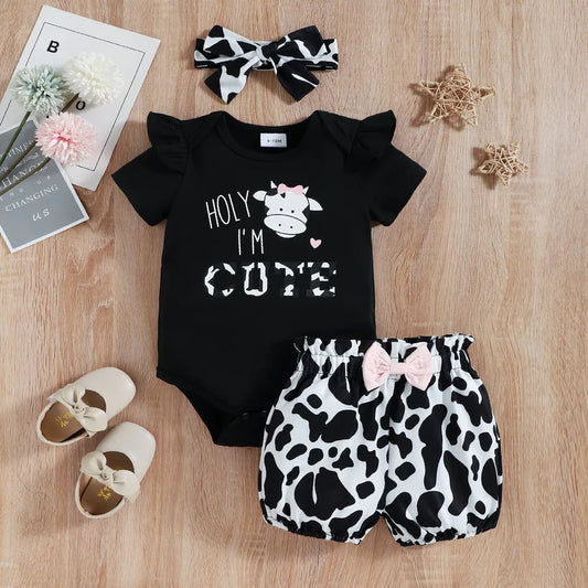 Graphic Ruffled Bodysuit and Cow Print Shorts Set