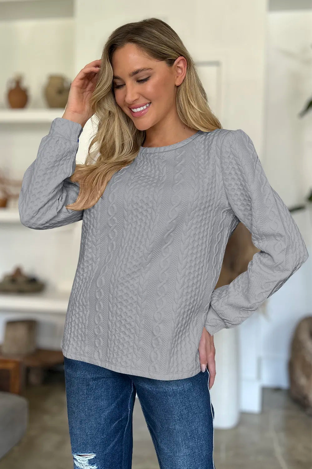 Textured Round Neck Long Sleeve Sweatshirt