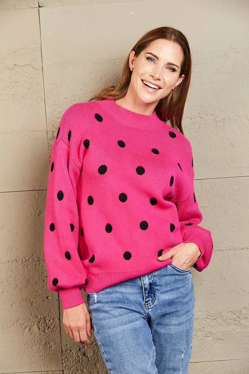 Woven Right Polka Dot Round Neck Dropped Shoulder Sweater