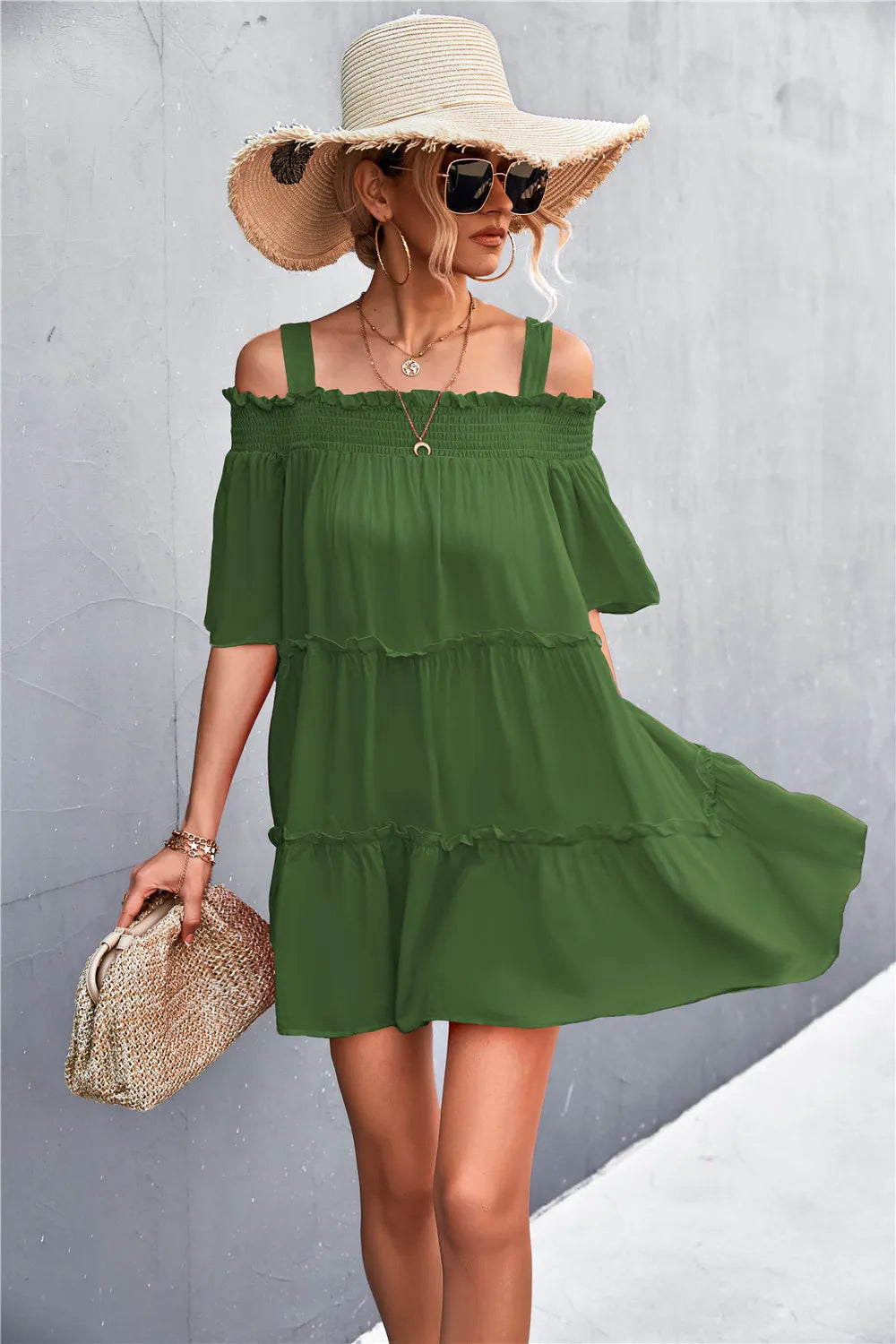 Cold-Shoulder Frill Trim Tiered Dress