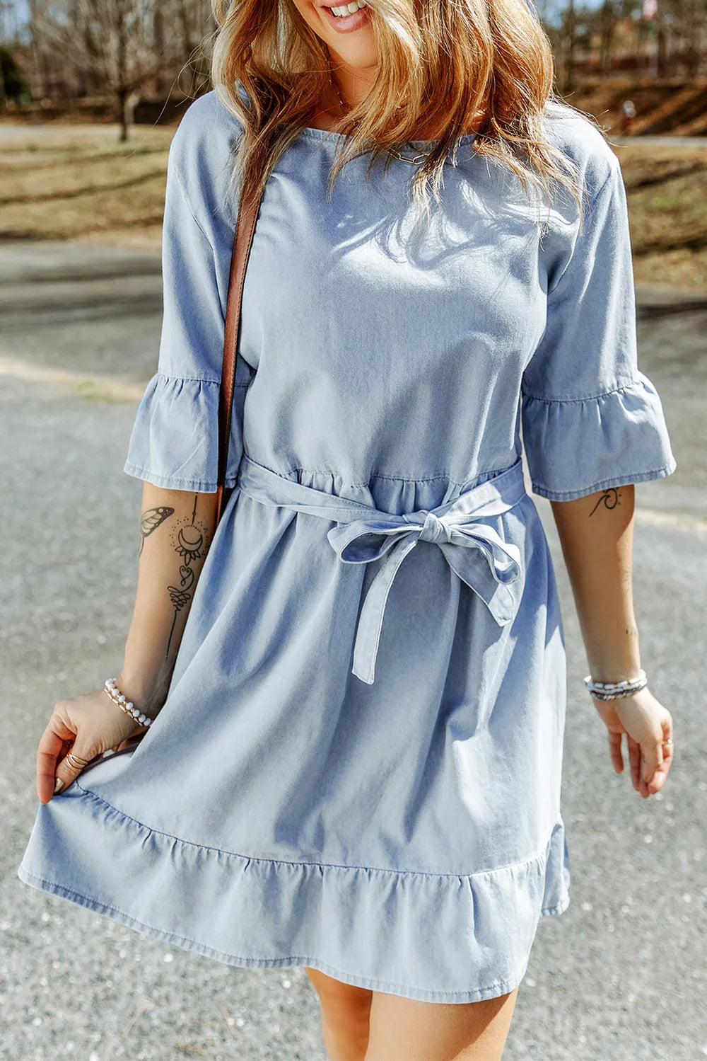 Tie Waist Flounce Sleeve Ruffle Hem Dress