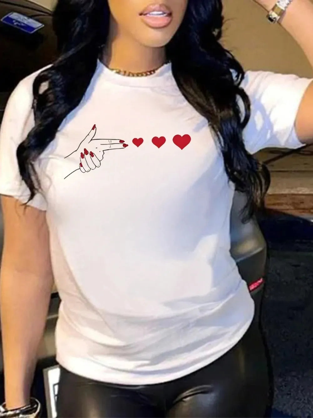 Full Size Heart Round Neck Short Sleeve T-Shirt