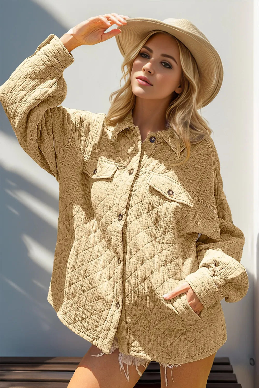 Double Take Full Size Button Up Quilted Shacket