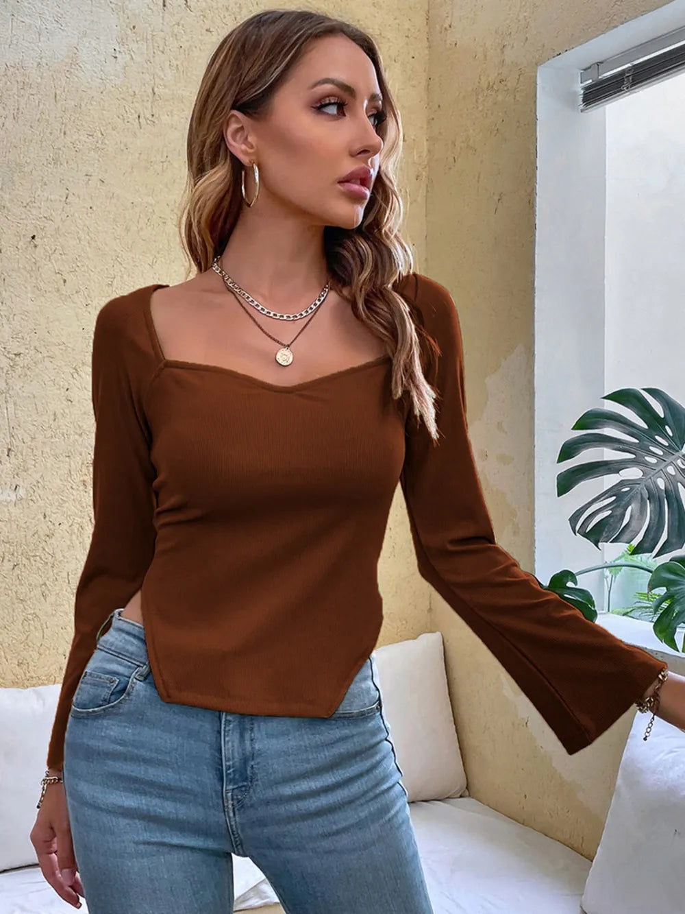 Slit Sweetheart Neck Flare Sleeve T-Shirt