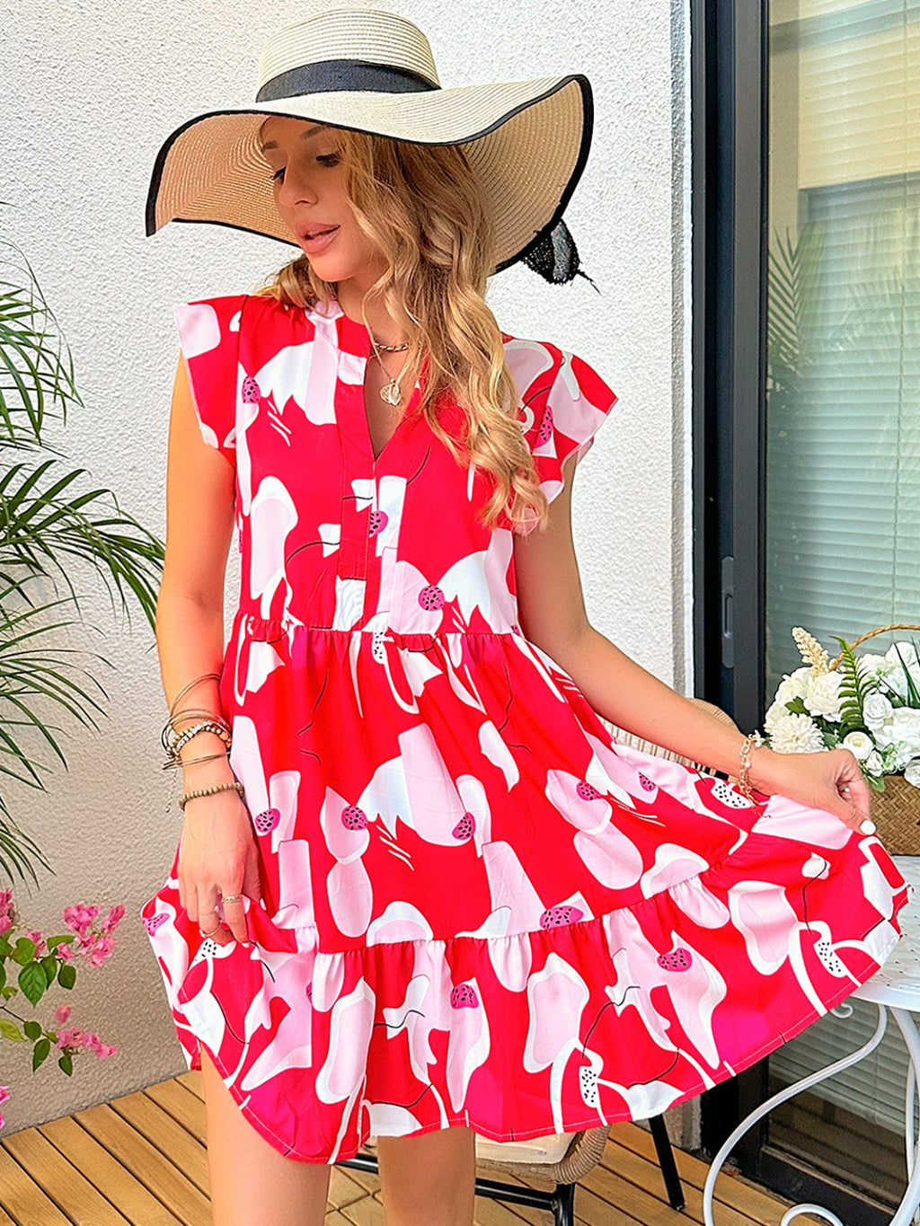 Printed Notched Cap Sleeve Dress