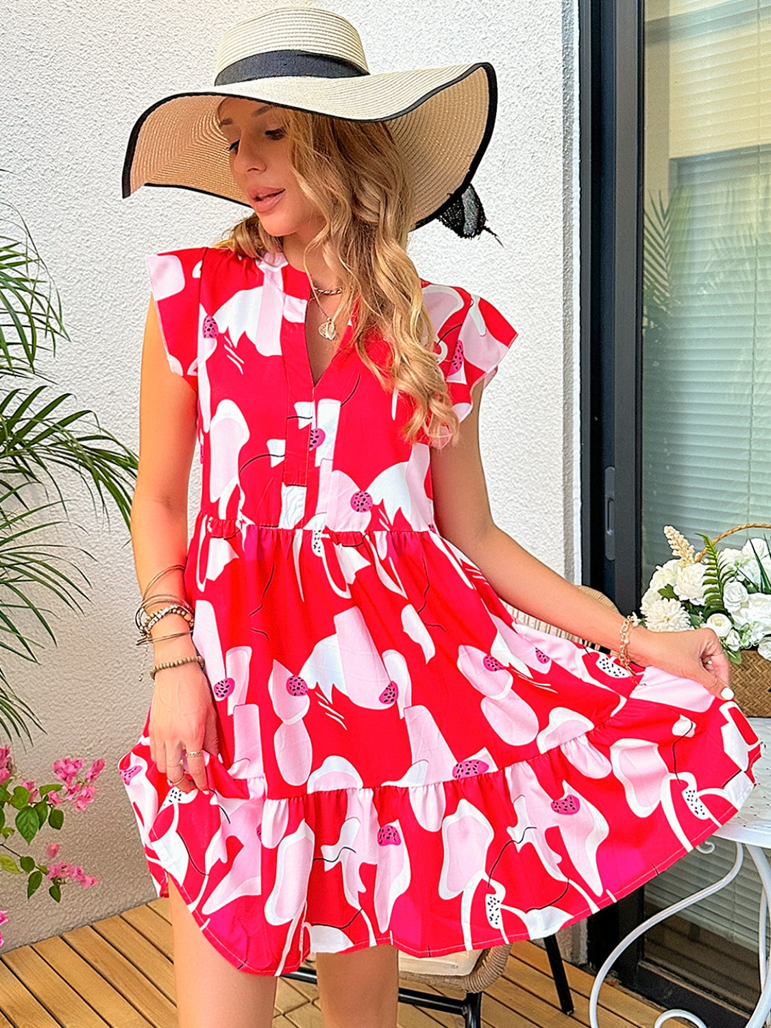 Printed Notched Cap Sleeve Dress