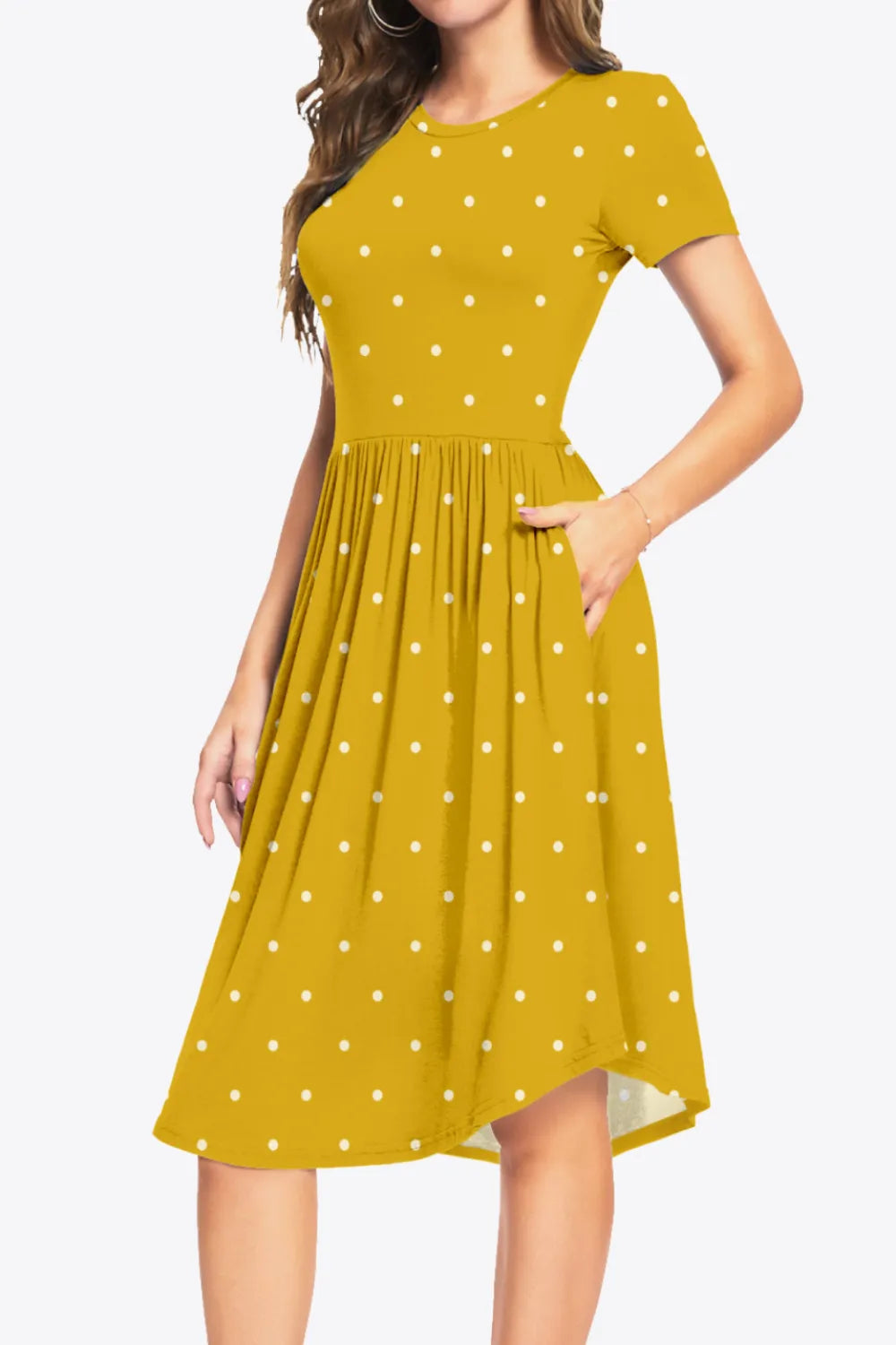 Printed Round Neck Short Sleeve Dress with Pockets