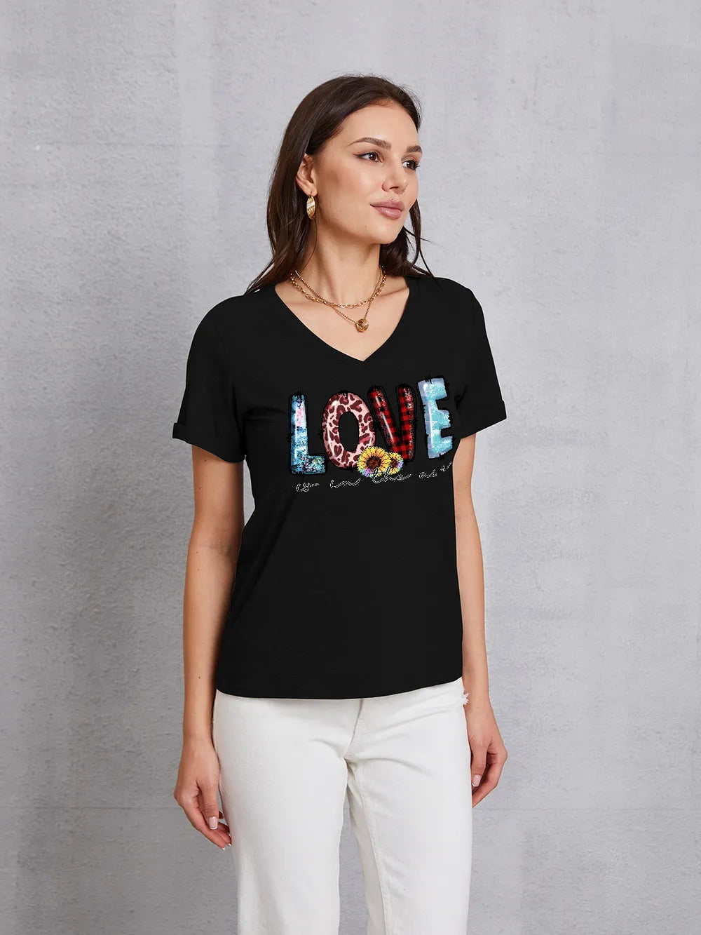 Letter Graphic V-Neck Short Sleeve T-Shirt