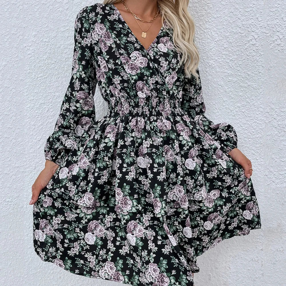 Floral Puff Sleeve Ruffle Hem Dress